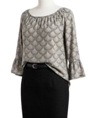 Michael Kors Blouse 3/4 Bell Sleeves Black n White Dot Pattern Career, size L